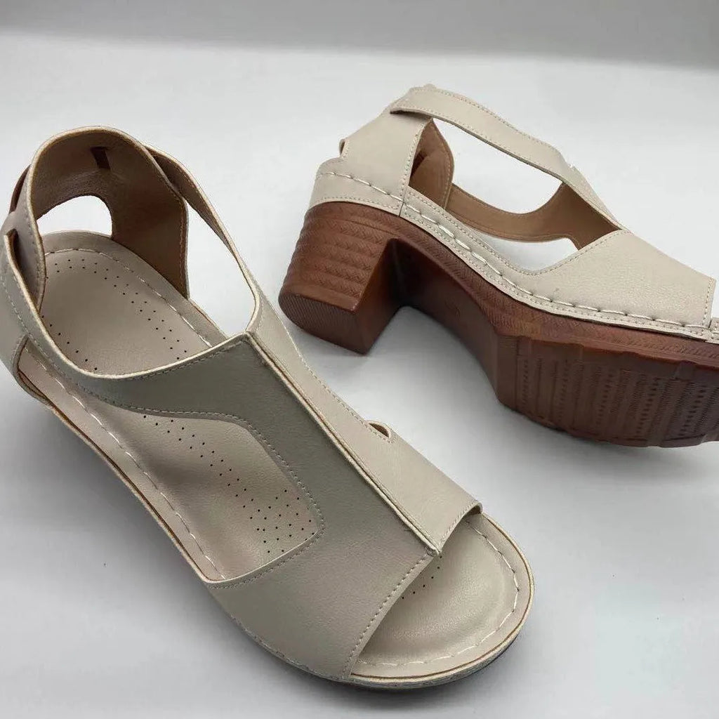 Roman style women's wedge sandals with open peep toe, buckle detail, and a low heel, shown in multiple colours.