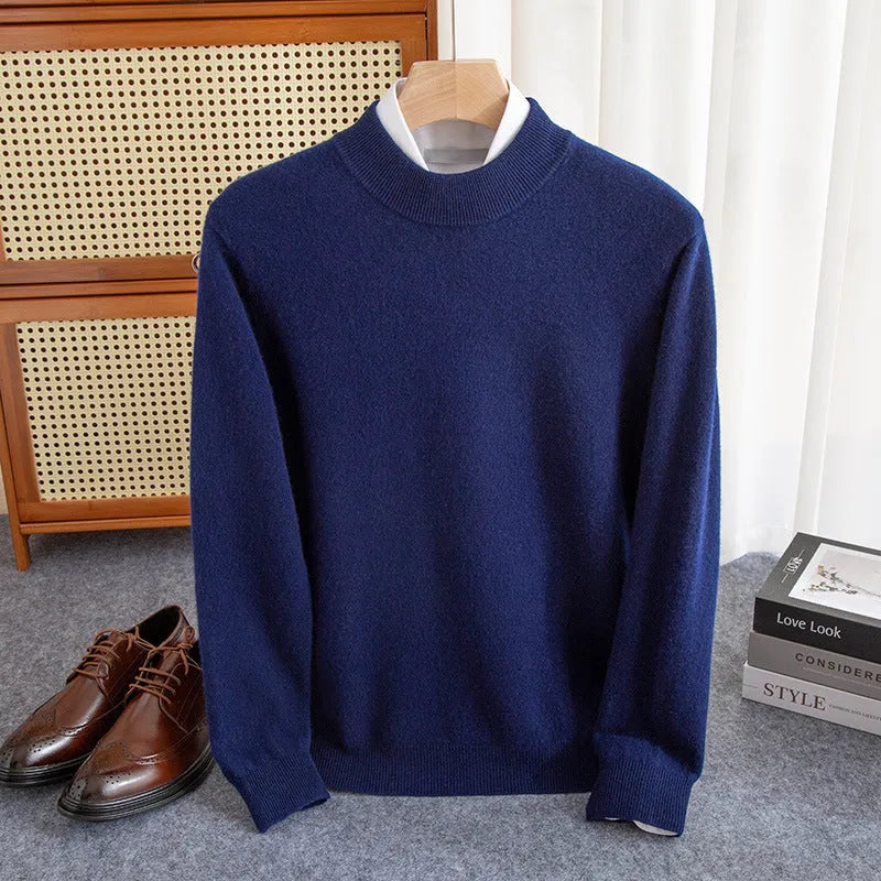 Men's loose fit half-turtleneck wool sweater in a rough yarn knit, shown in a range of colours.
