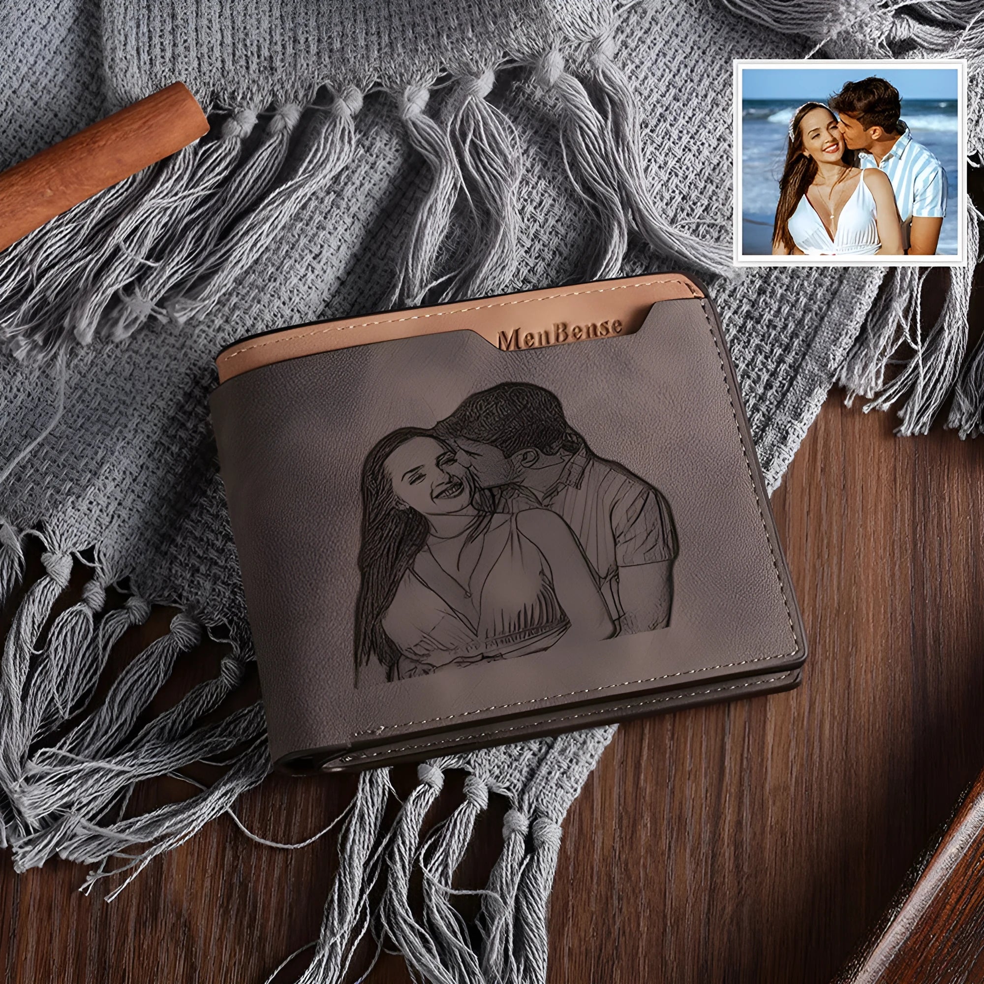 Coffee-coloured engraved horizontal short wallet showing personalised text and seven card slots
