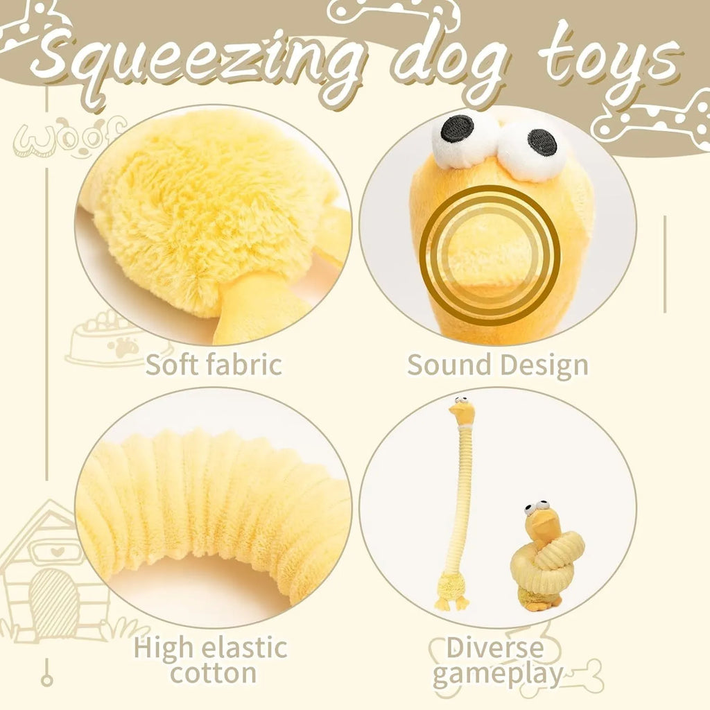 Brown, grey, and yellow plush dog toys with squeaker and crinkle features for teething and play
