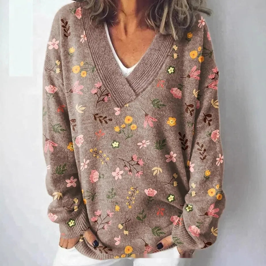 Women's V-neck long sleeve sweatshirt with a 3D printed floral pattern in a retro art style