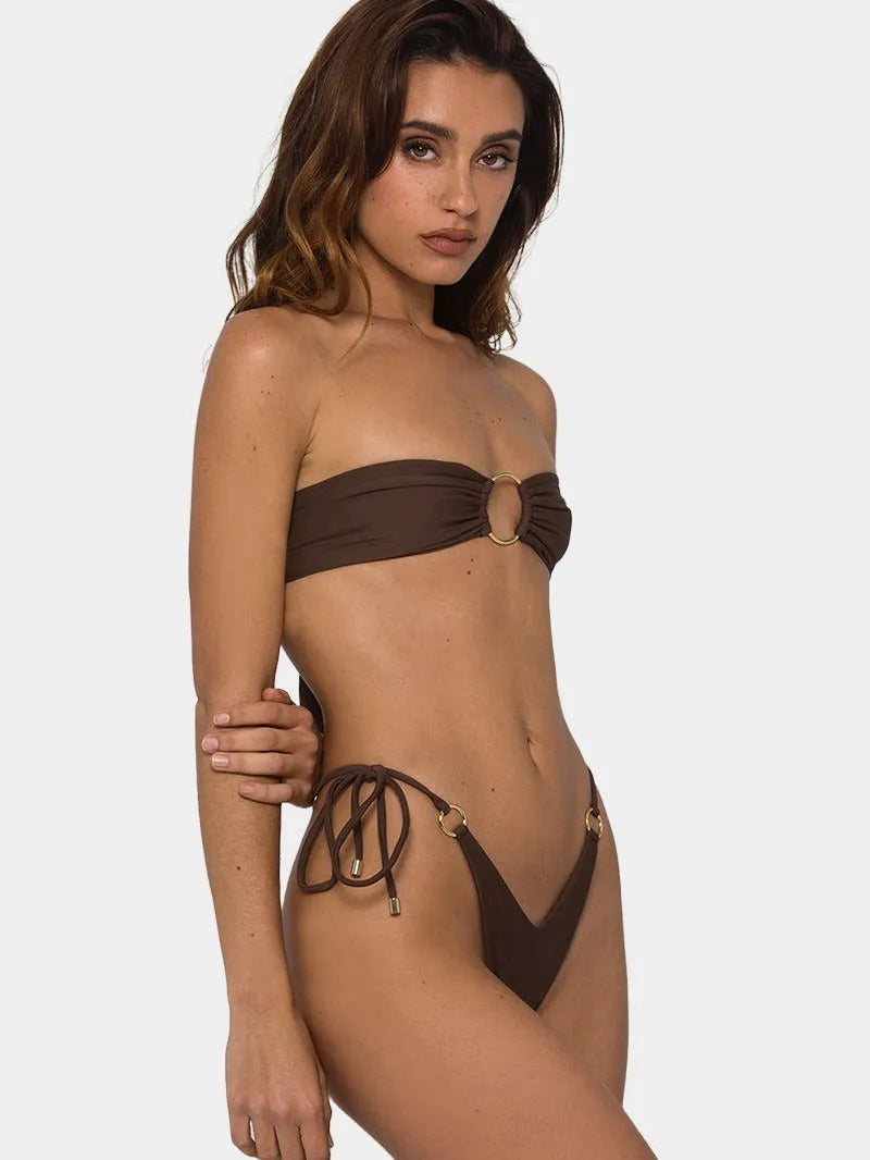 Brown women's push up bikini swimsuit with tube tie rings and split design