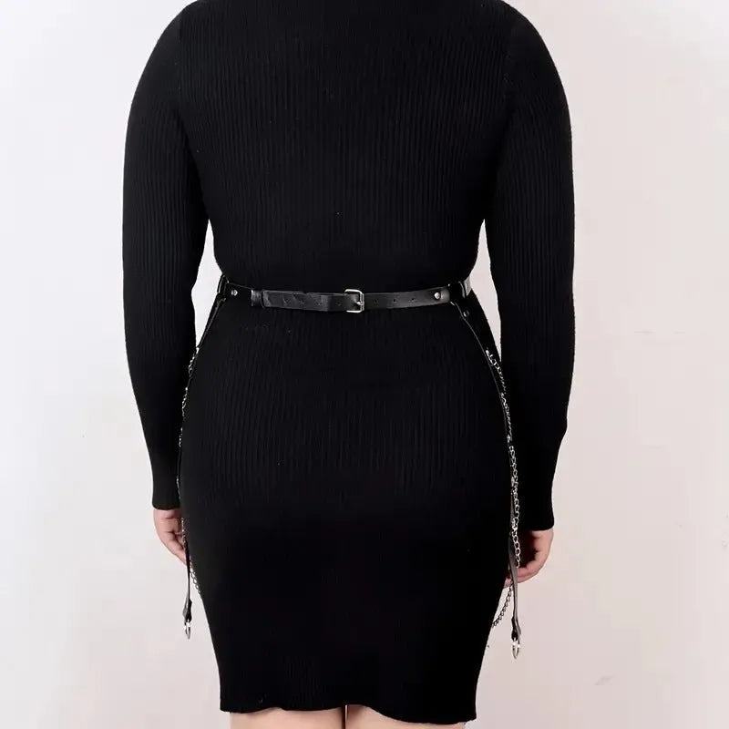 Black PU leather adjustable waist chain ornament for adult women.