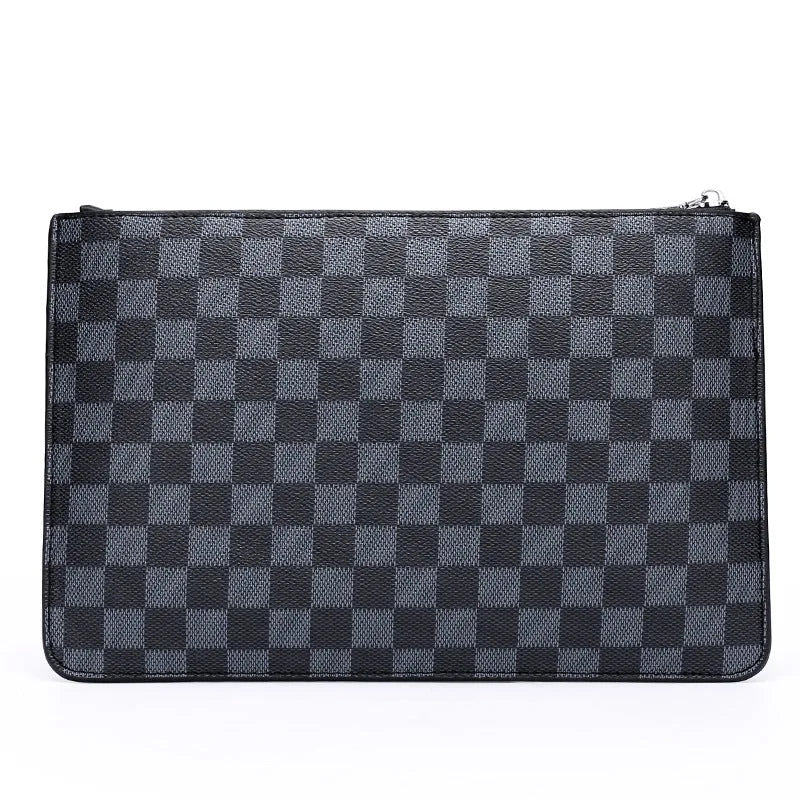 Men's black checkered PU leather clutch wallet showing card slots and zipper pocket
