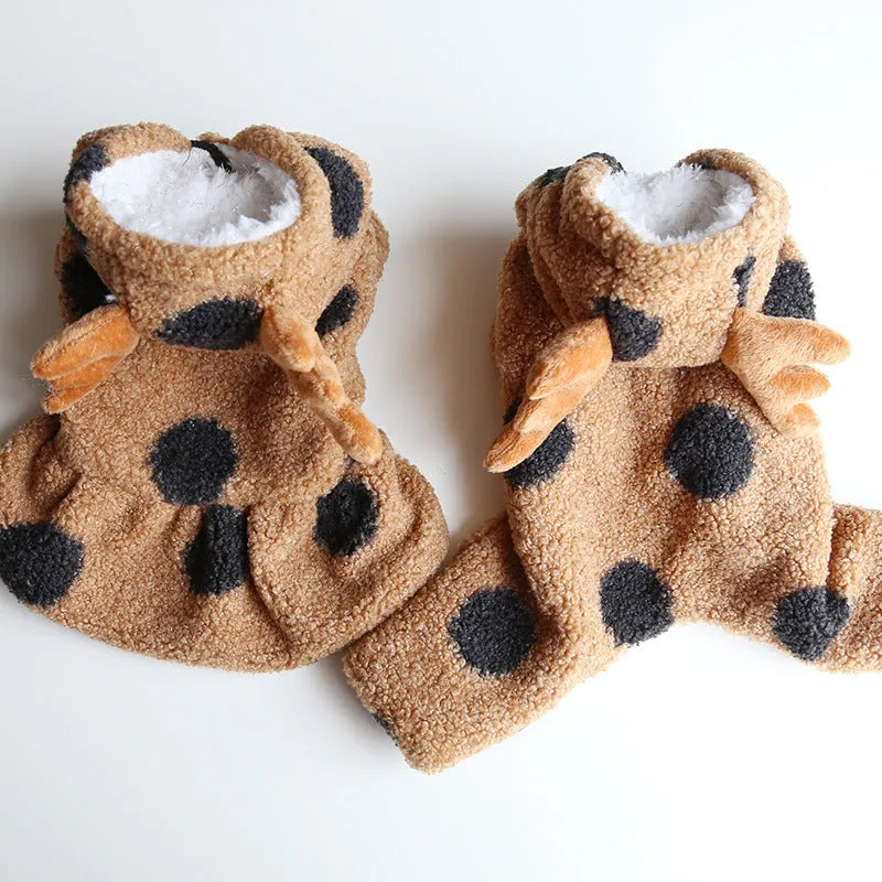 Polka dot pet clothing for dogs or cats in skirt and four-leg styles with elk couple design.