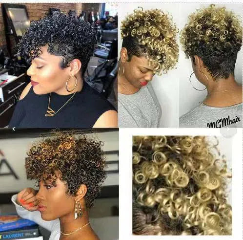Women's short synthetic wig in a simple rolls style, shown in one of four colours: Black, Brown, Gold, or Gray.