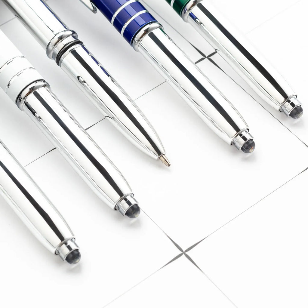 Red metal capacitive stylus and ballpoint pen with built-in LED light, shown with bullet-type nib.