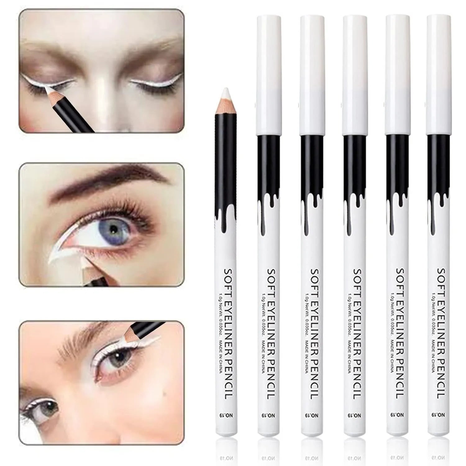 12 piece white and black waterproof eyeliner pencil set with sharpener for eyebrows, eyeshadow and lip lining