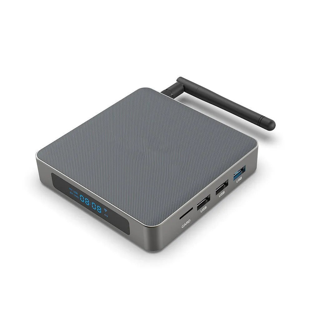 Android smart TV box with 8K output, RK3566 processor, and compact square design