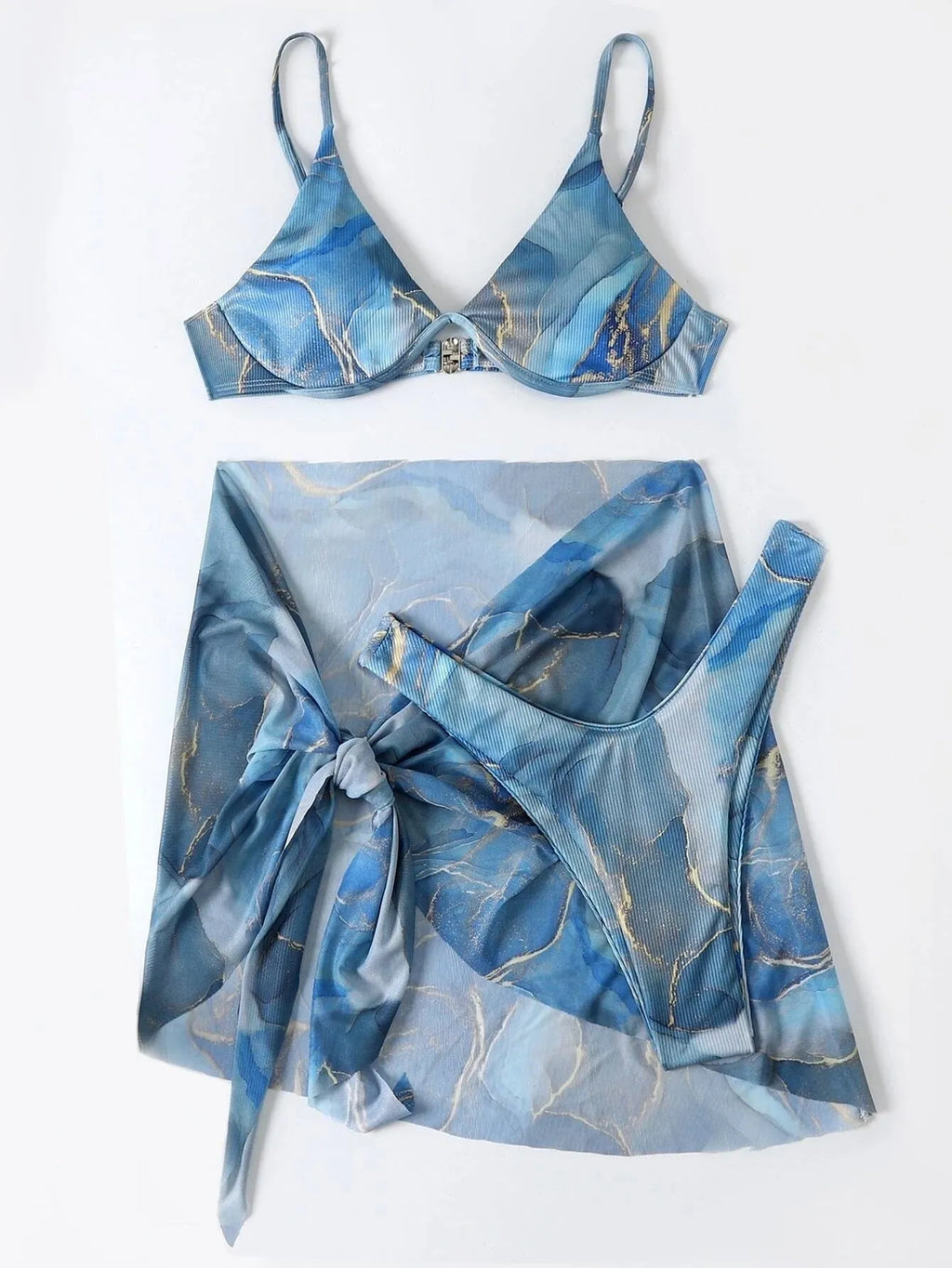 Marble printed women's 3-piece bikini swimwear set with matching skirt, bra, and panties.