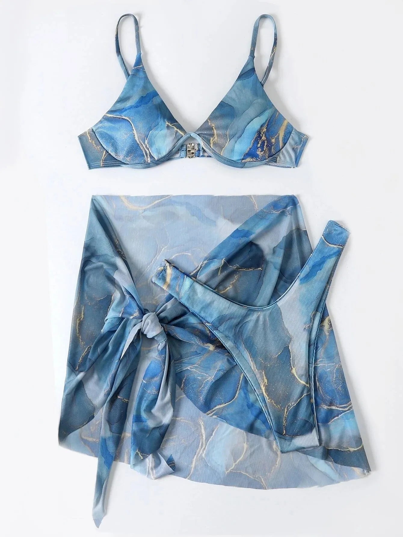 Marble printed women's 3-piece bikini swimwear set with matching skirt, bra, and panties.