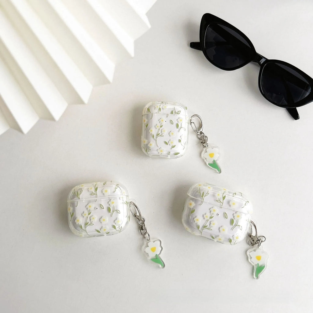 White floral design on clear TPU protective cover for Apple AirPods charging case