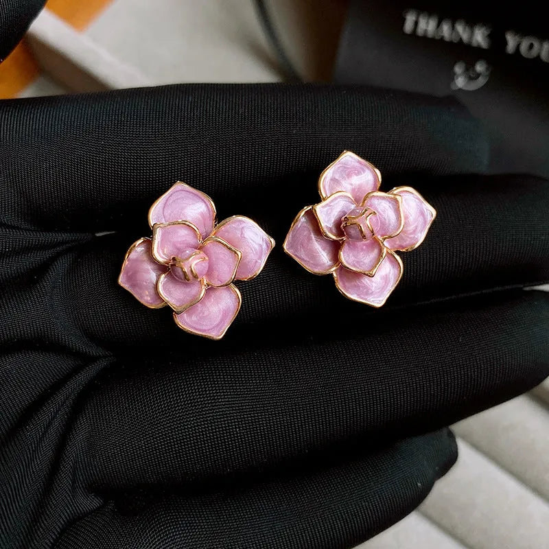 Gold plated silver needle purple oil-spot glaze flower stud earrings with copper construction