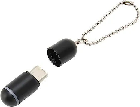 Black capsule infrared remote control emitter for smartphones with Lightning, USB-C and Micro USB interfaces
