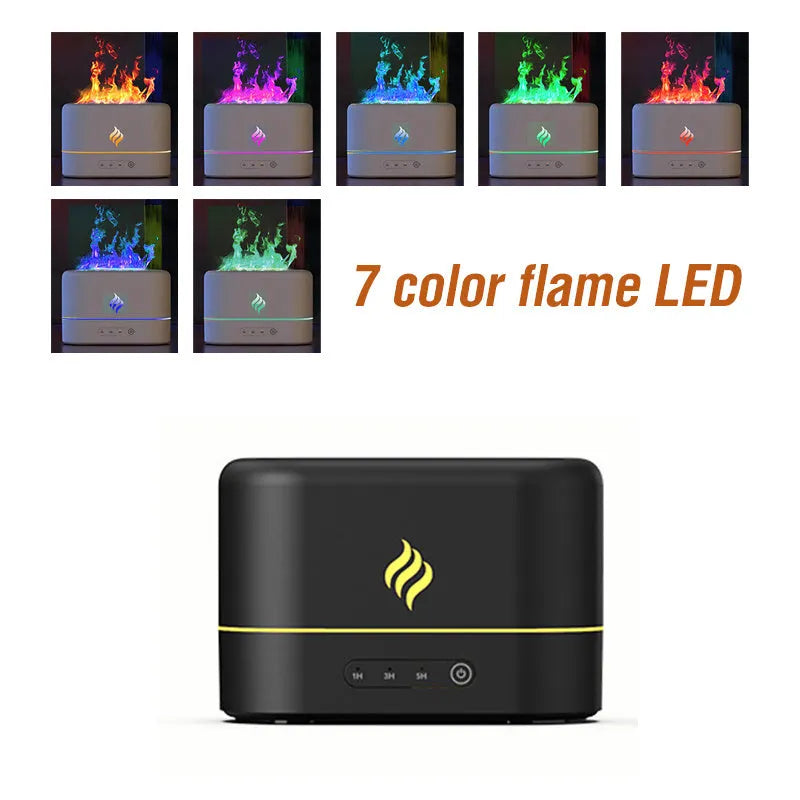 USB simulated flame humidifier with seven-colour lighting on desk next to plant