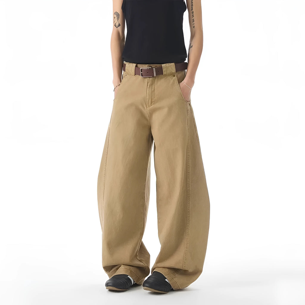 Mid-brown men's straight-leg casual jeans with a button fly on a mid-waist.