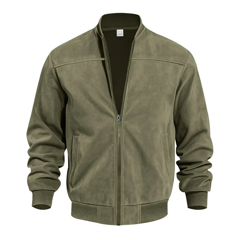 Men's plus size suede jacket with zip in army green colour showing front view.