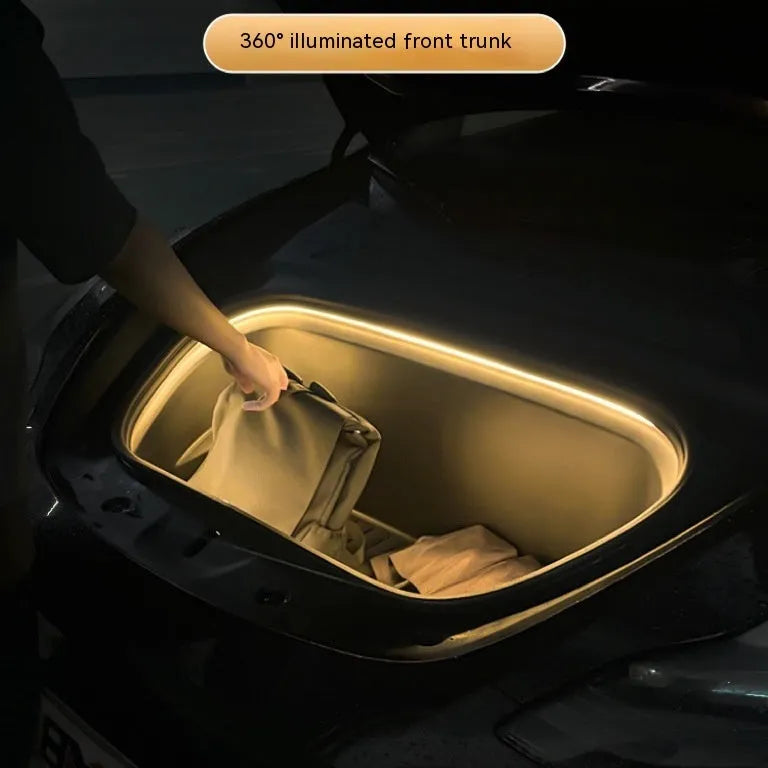 Tesla Model 3 Model Y front standby box ambient lighting kit showing soft silicone light bar