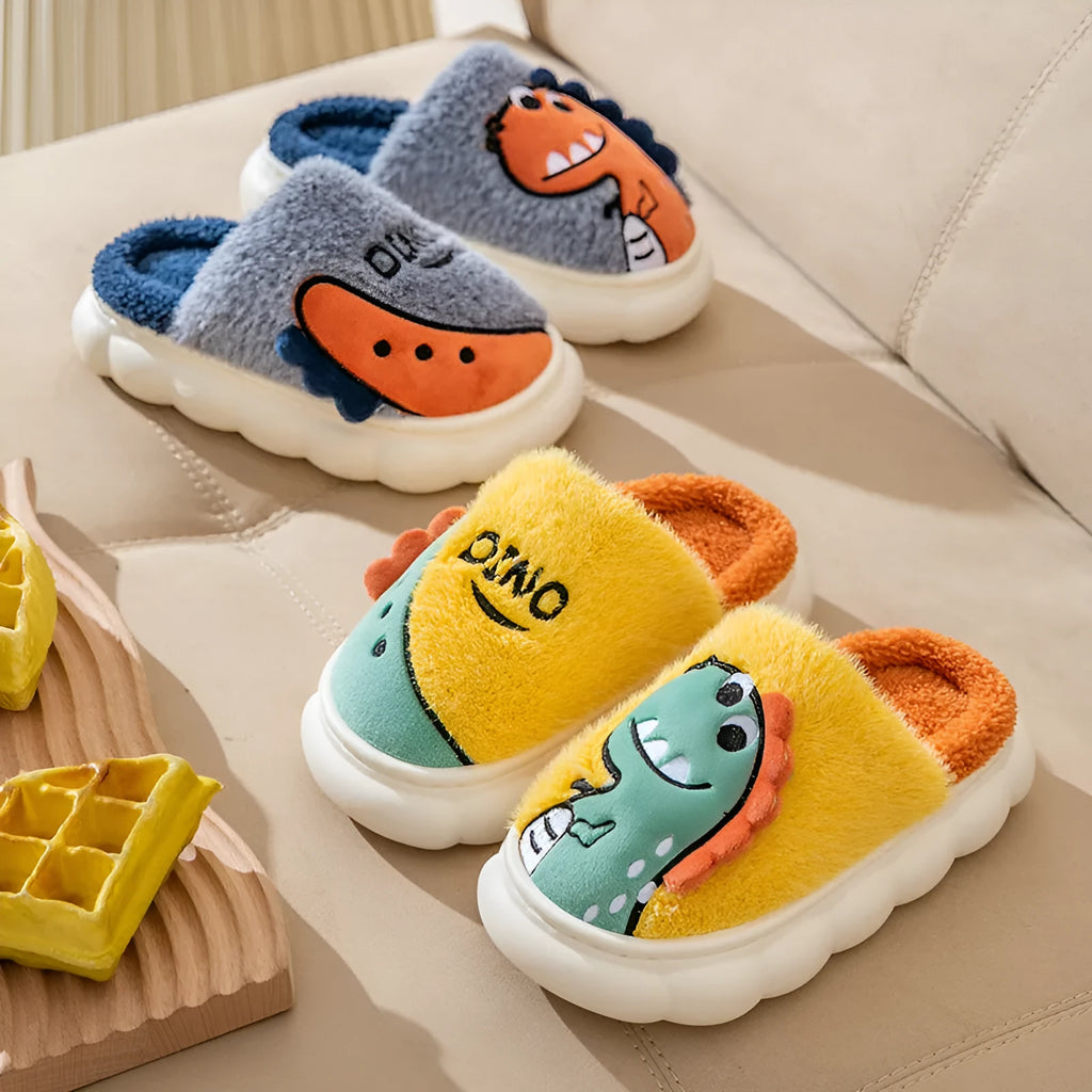 Cotton plush dinosaur couple slippers in grey, coffee and orange colours with thickened construction