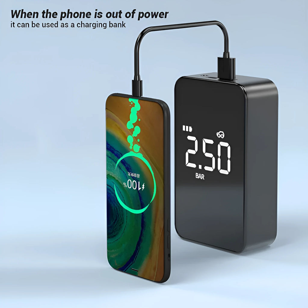 Wireless digital display tyre inflator pump with compact portable design and LED light