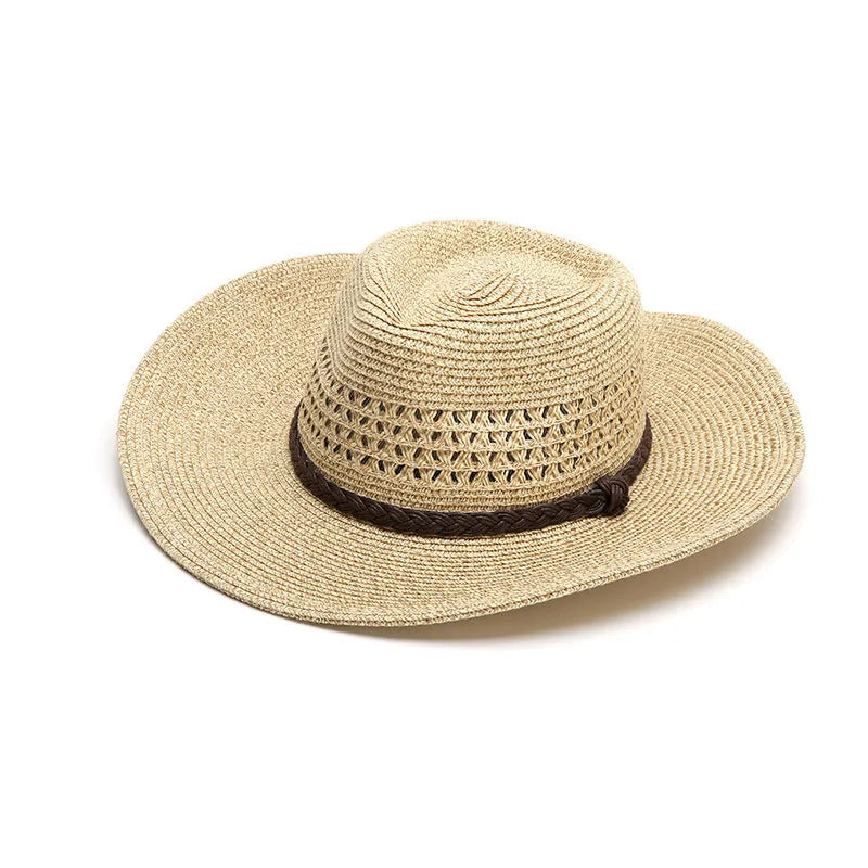 Men's foldable wide-brim straw sun hat in beige on a neutral background