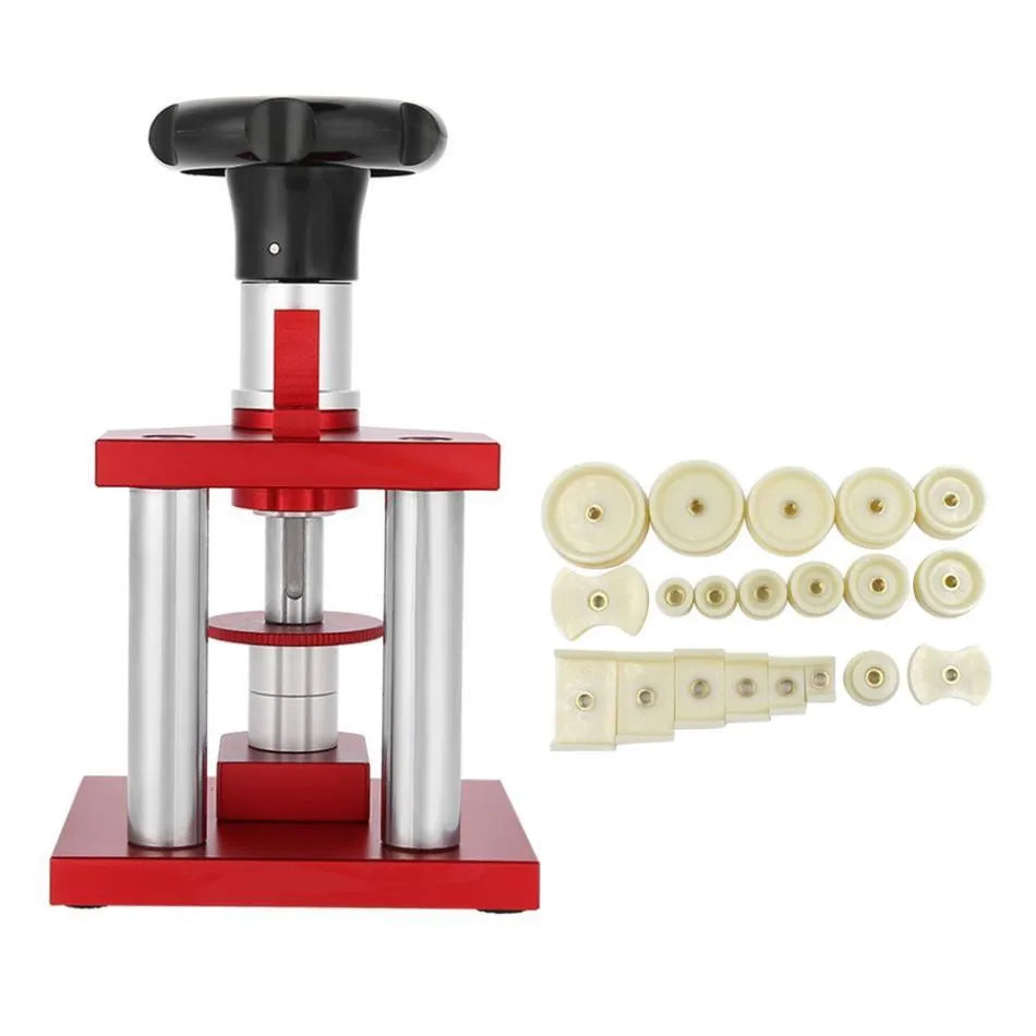 Watch repair spiral cap presser device with set of 20 plastic molds for back covers