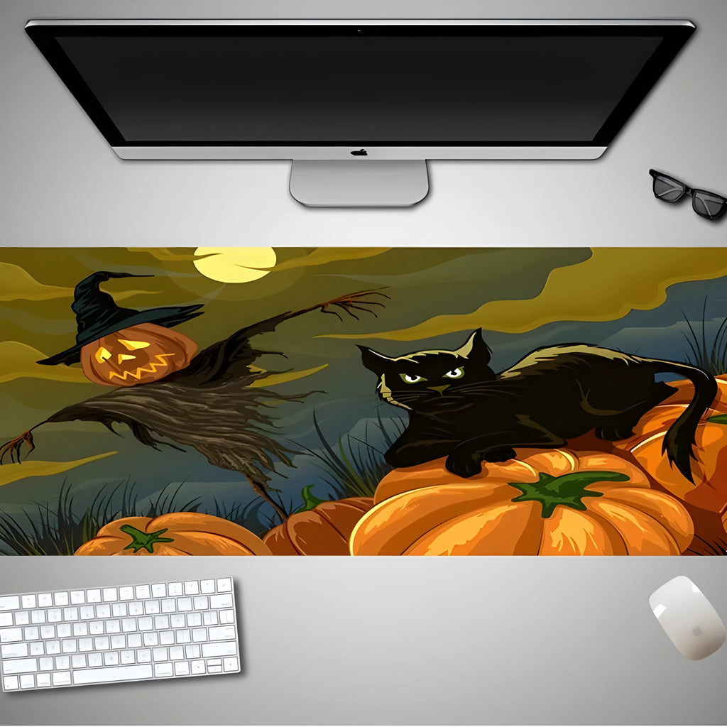 Oversized Halloween-themed mouse pad with non-slip rubber cloth base on a desk