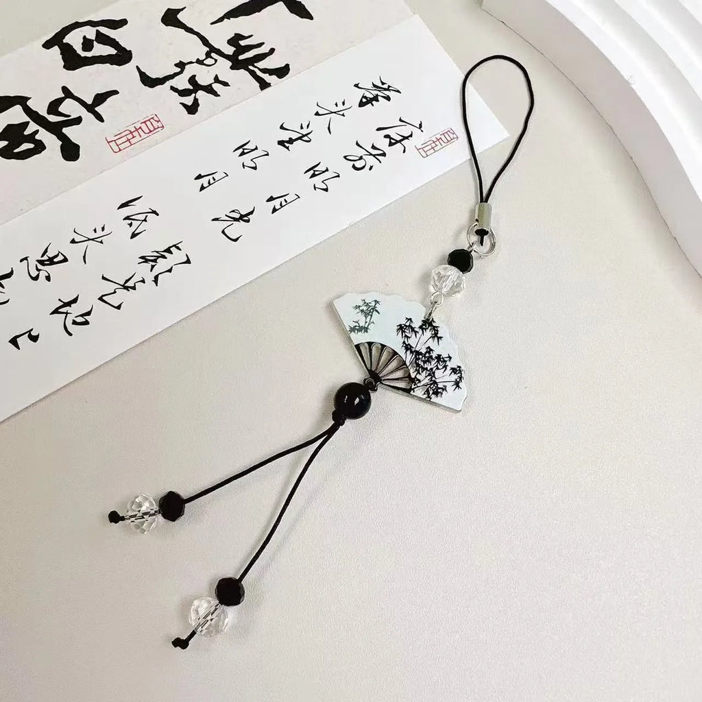 Chinese style pendant keychain with bead design in Fan or Poetry options for schoolbag decoration.