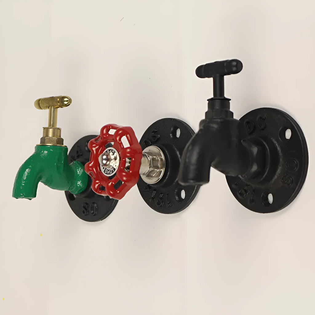 Modern minimalist metal wall hook in a water pipe style, shown in black, green, and red colour options.