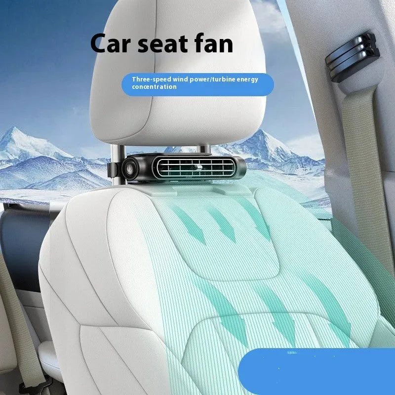 A compact USB plug-in car fan with velcro strips, shown in black, white, and beige colour options.