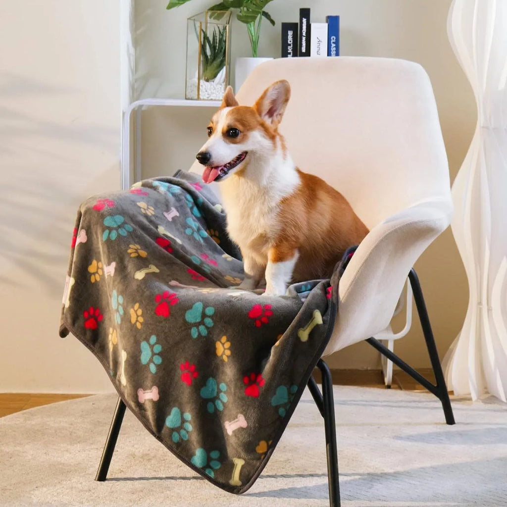 Soft cloth pet blanket with confetti bone and paw print pattern in beige colour on a light background