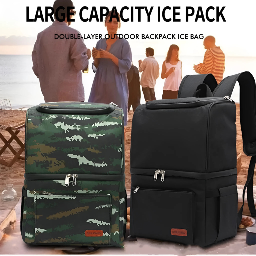 Blue double-layer insulated backpack cooler with large main compartment and external pockets.