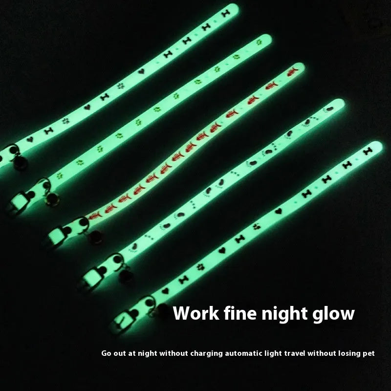 Cat luminous collar with night glow feature showing adjustable silicone chain and metal bell attachment