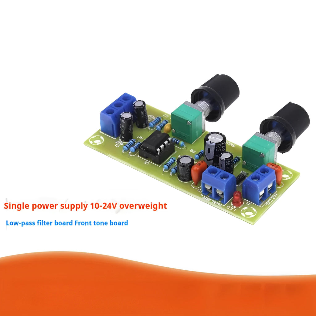 Single power supply 10-24V super dynamic bass boost front stage circuit board on FR-4 PCB.