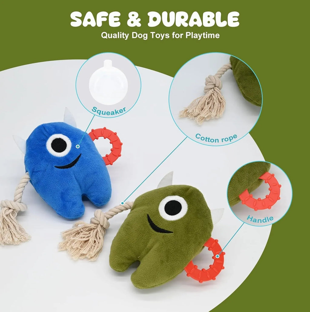 Blue and green plush dog chew toy with cotton rope tug handles and a squeaker inside.