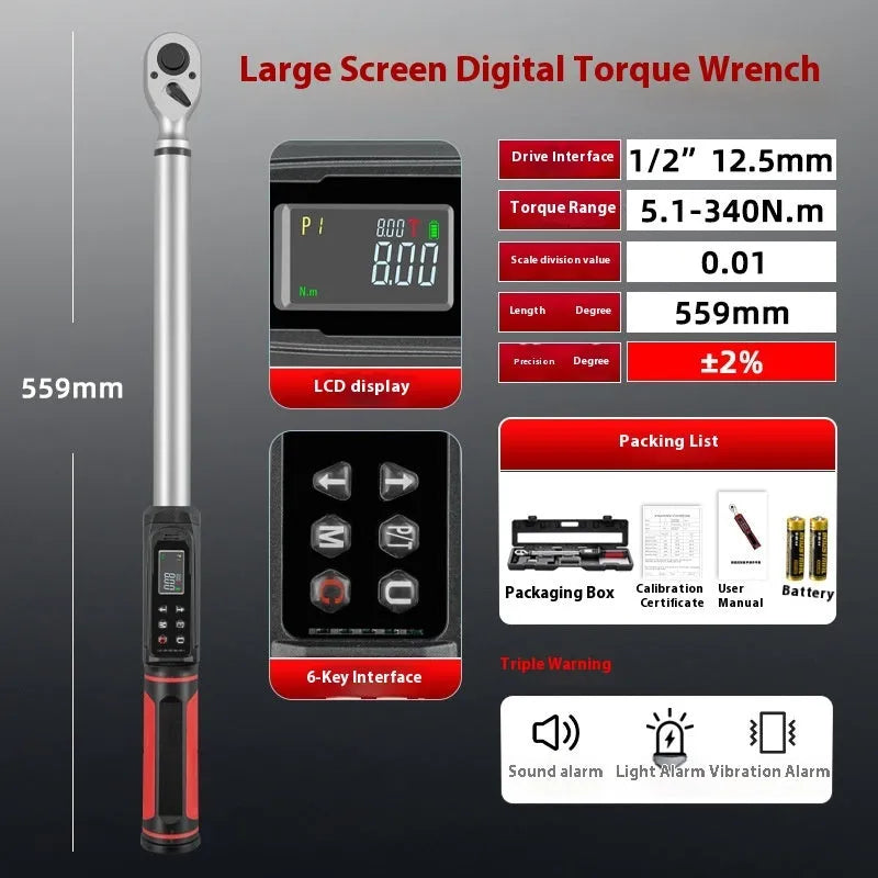 Digital display torque wrench with chrome-vanadium steel construction showing 0.15-340N range
