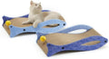 Blue fish shaped cat scratcher with cardboard surface and ball toy on elastic cord