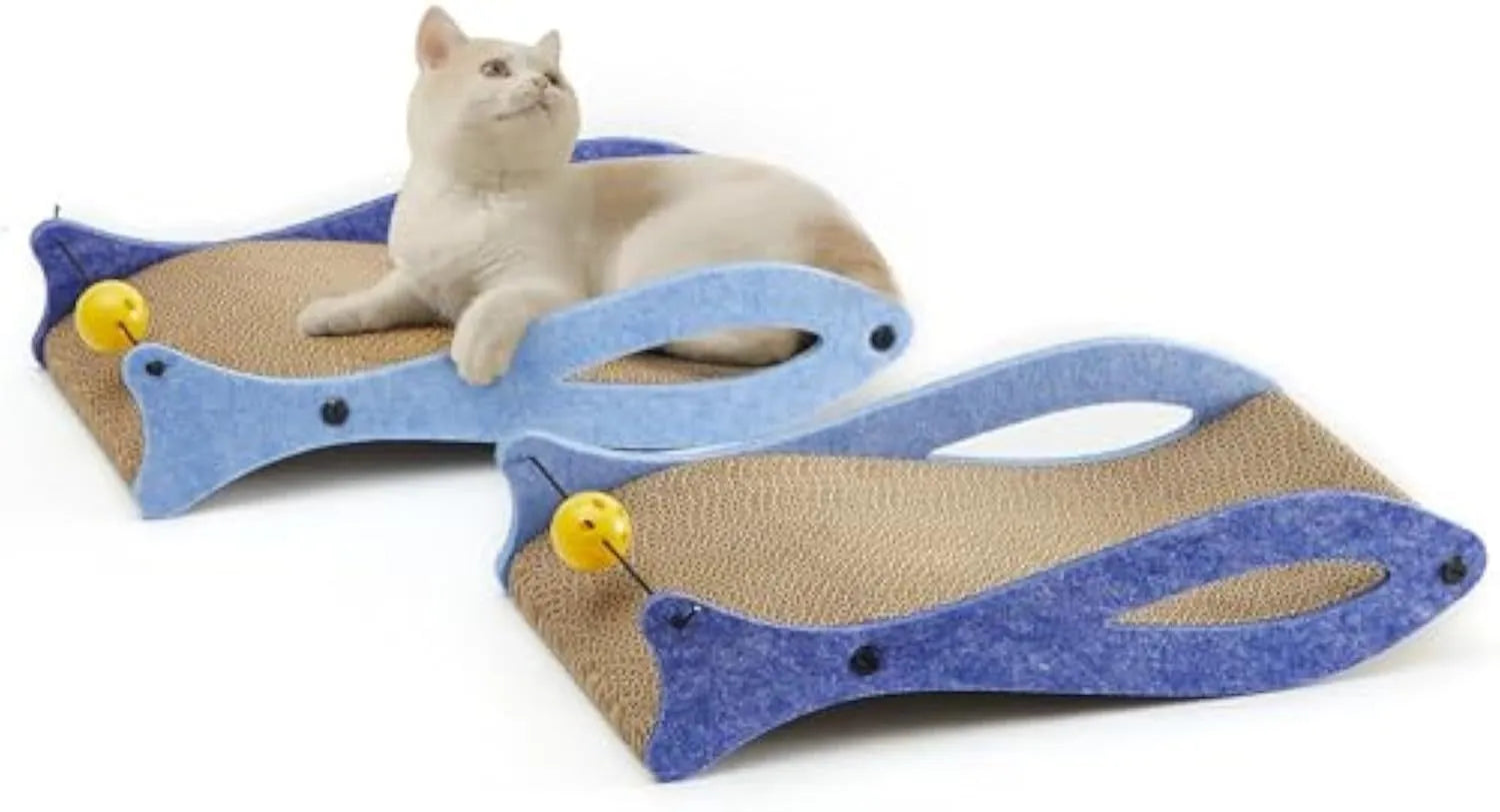Blue fish shaped cat scratcher with cardboard surface and ball toy on elastic cord