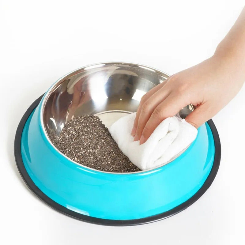 Stainless steel and colourful melamine dual pet feeding bowl with non-slip rubber base