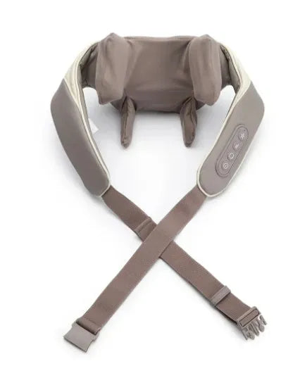 Milky white rechargeable shoulder and neck cervical spine kneading massager with USB cable.