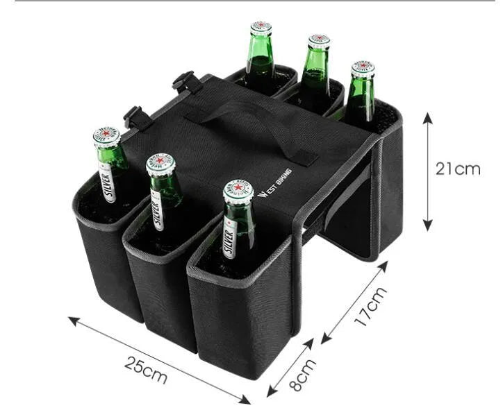 Black bicycle drink storage bag mounted on handlebars showing double-sided design and 2 litre capacity