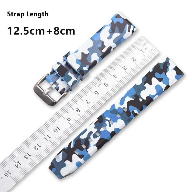 Camouflage pattern silicone watch strap in blue, gray, or green, showing flat head design