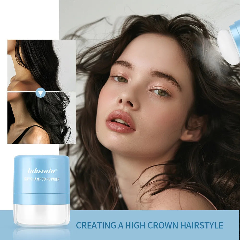 Disposable 5g dry shampoo powder sachet with sponge headband mirror applicator on blue background