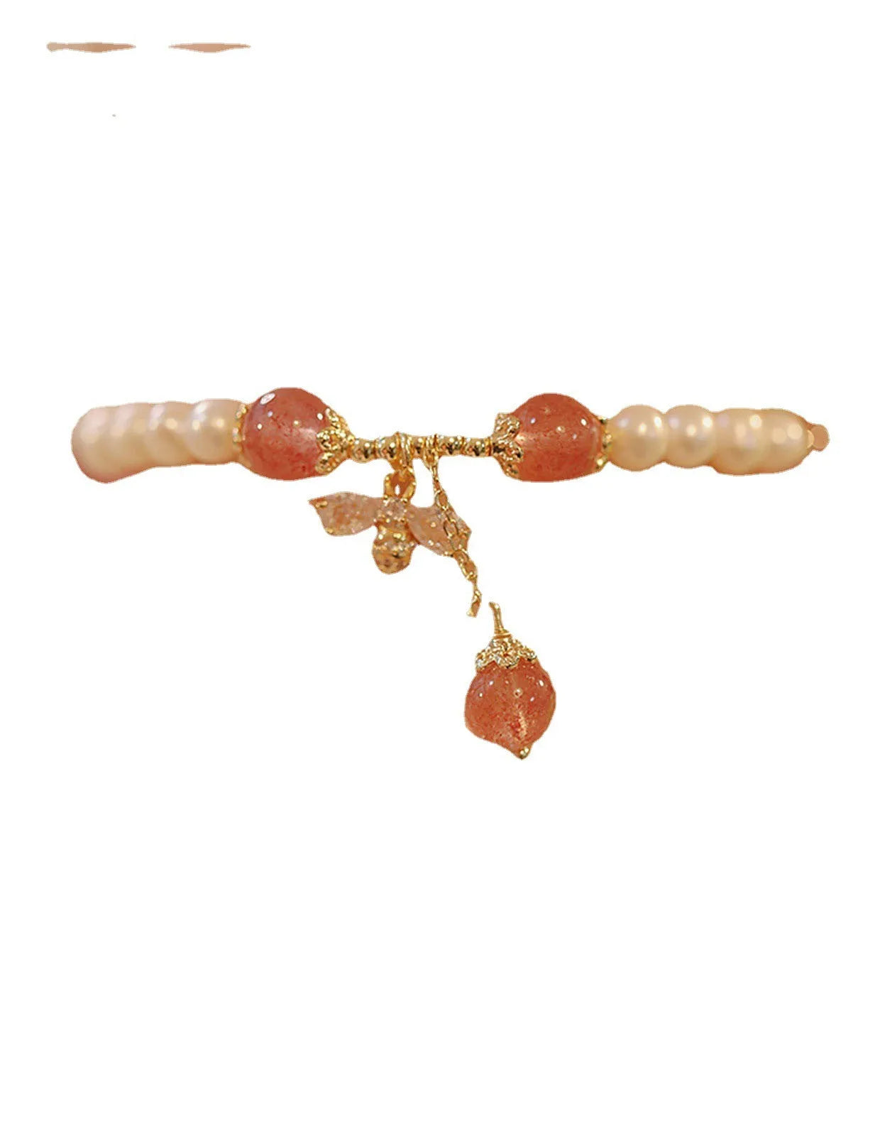 INS style women's crystal bracelet with strawberry quartz stones and a central bow detail.