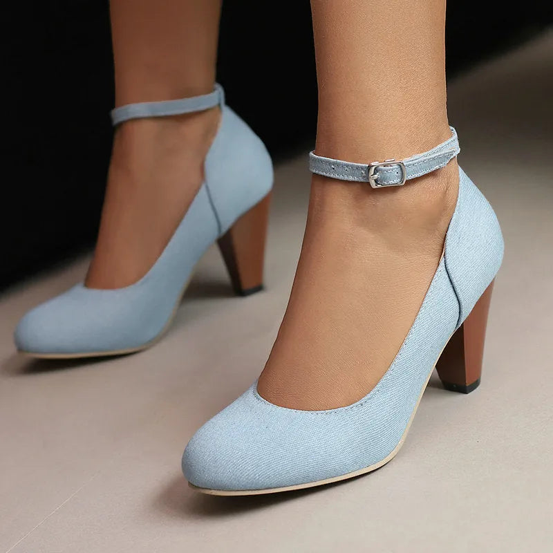 Blue denim women's high heel shoes with a buckle strap and waterproof platform sole.