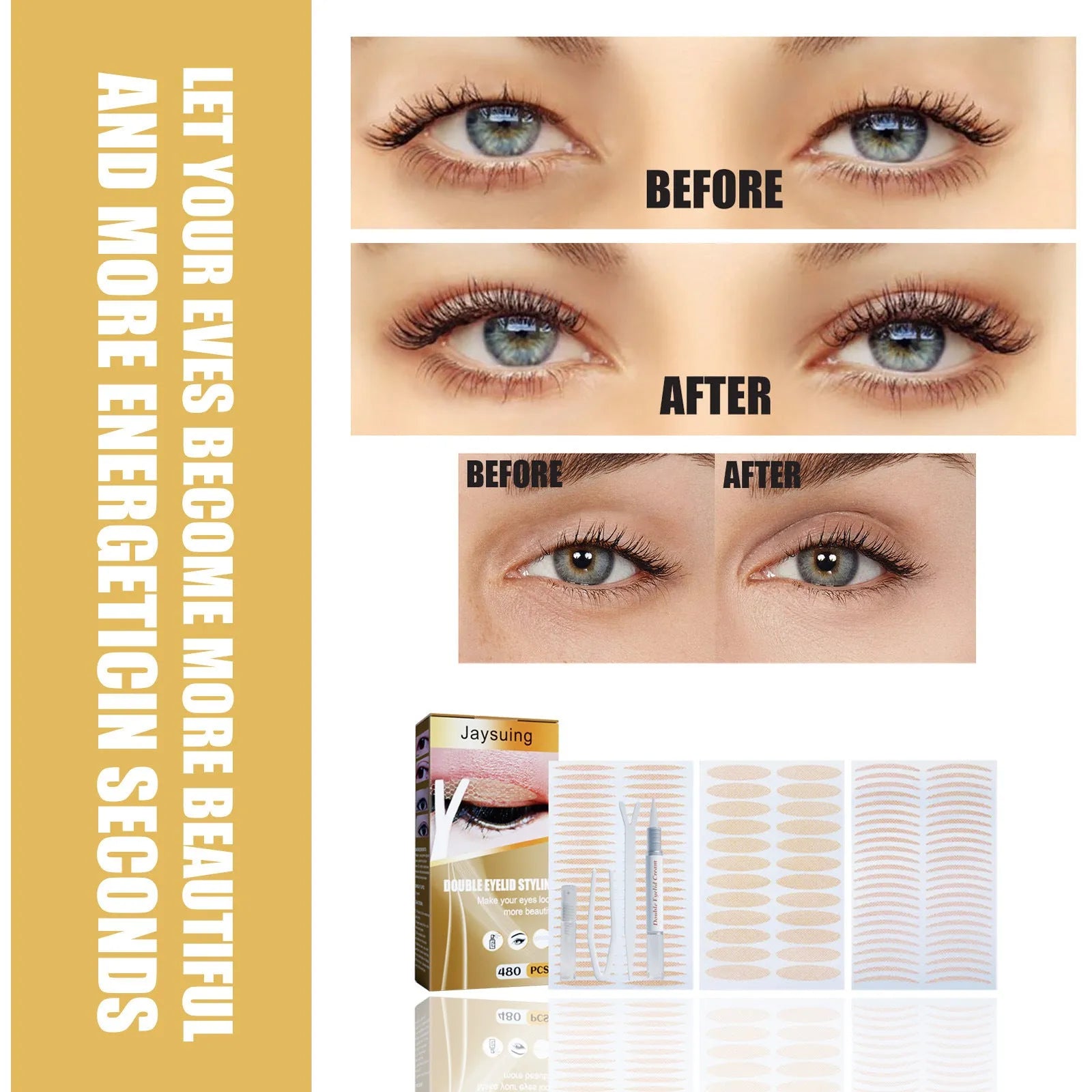 Double eyelid sticker set with 12 sheets of 480 invisible stickers and application tools