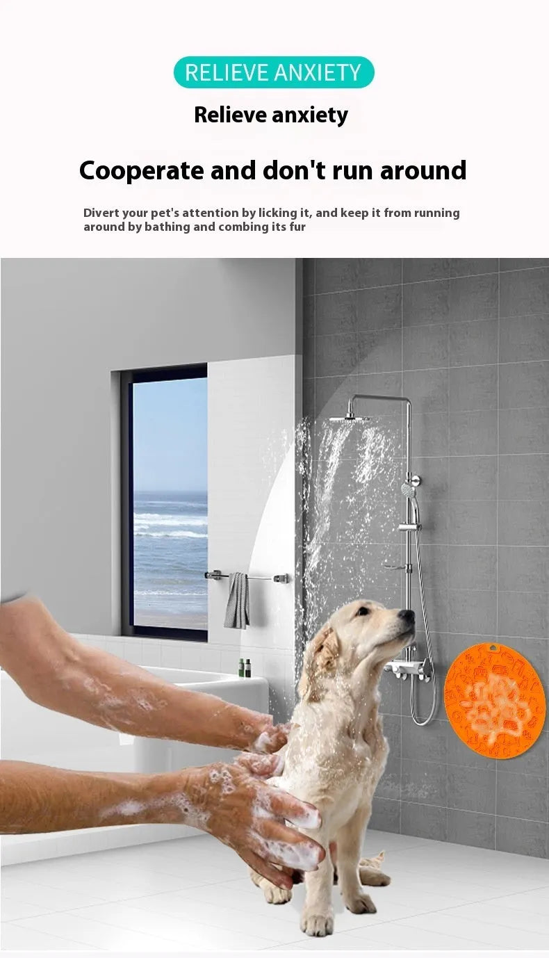 Round silicone pet licking mat with textured surface and suction cups in various colours