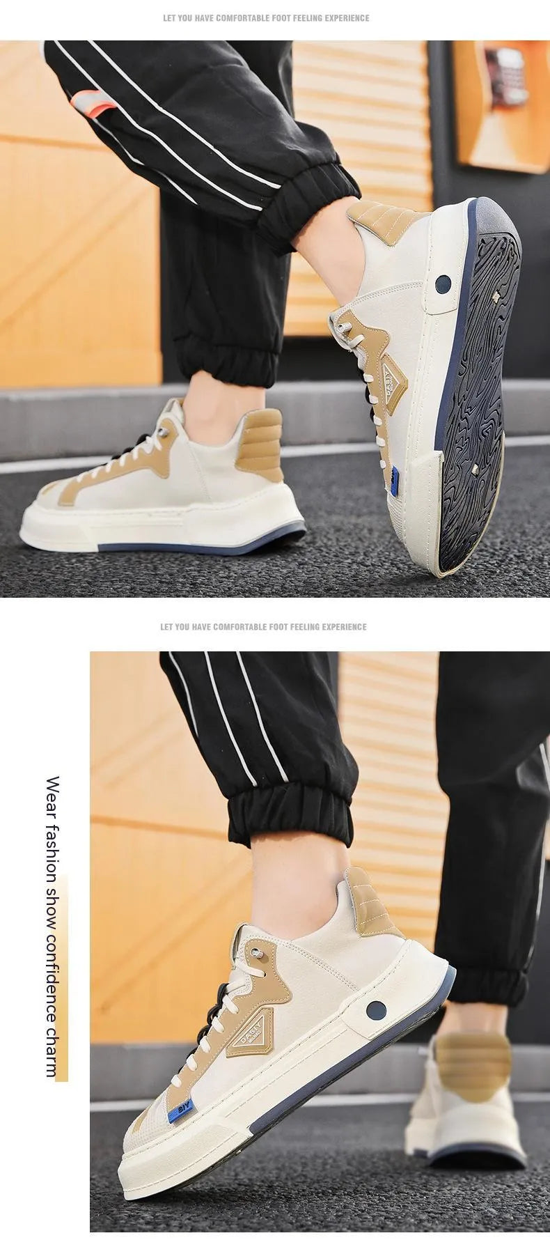 Men's beige low-top sneakers with elastic band closure and mesh lining