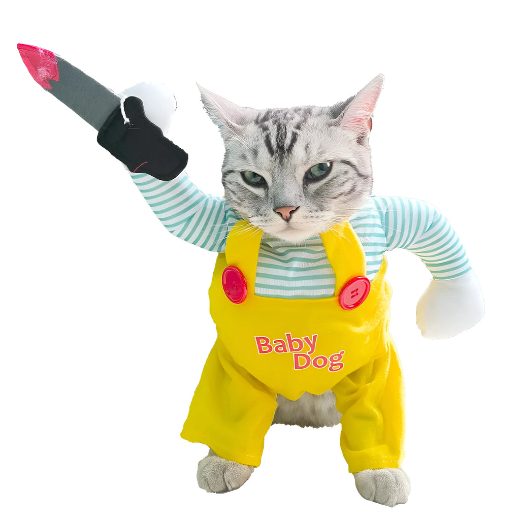 Yellow knife assassin themed cat clothing costume in B02405 colour available in S M L XL sizes