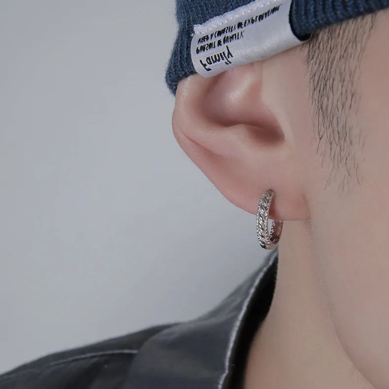 Men's geometric copper hip hop earrings in silver colour, showing 10mm and 14mm size options.